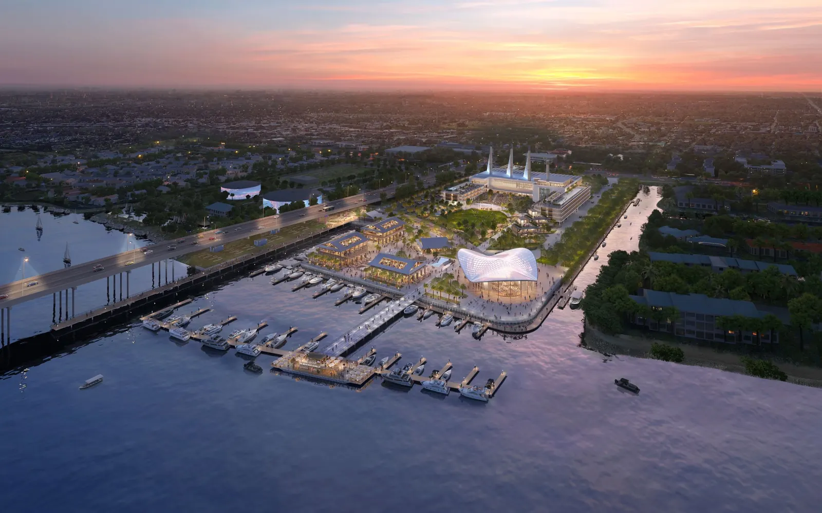 Artist's rendering of the Three Corners waterfront from above at dusk