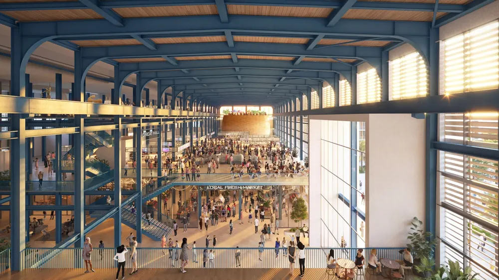 Artist's rendering of a public market hall inside the restored Big Blue building