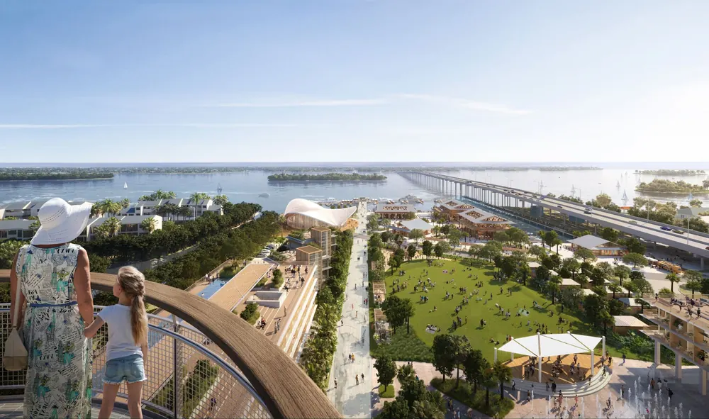 Artist's rendering of a mother and daughter looking out over the community park and lagoon