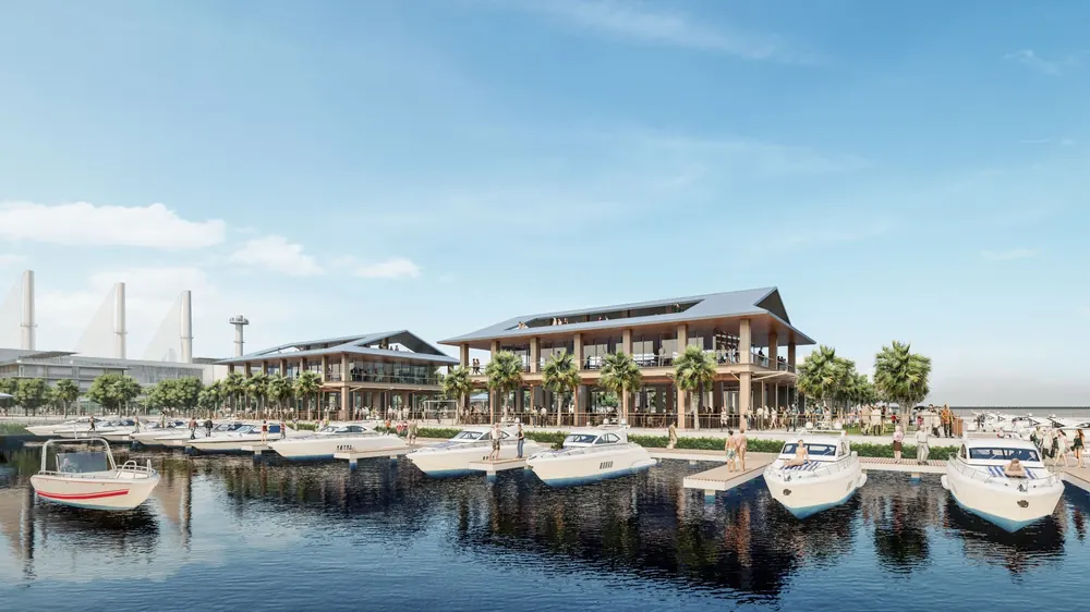 Artist's rendering of the waterfront village and boats seen from the observation pier