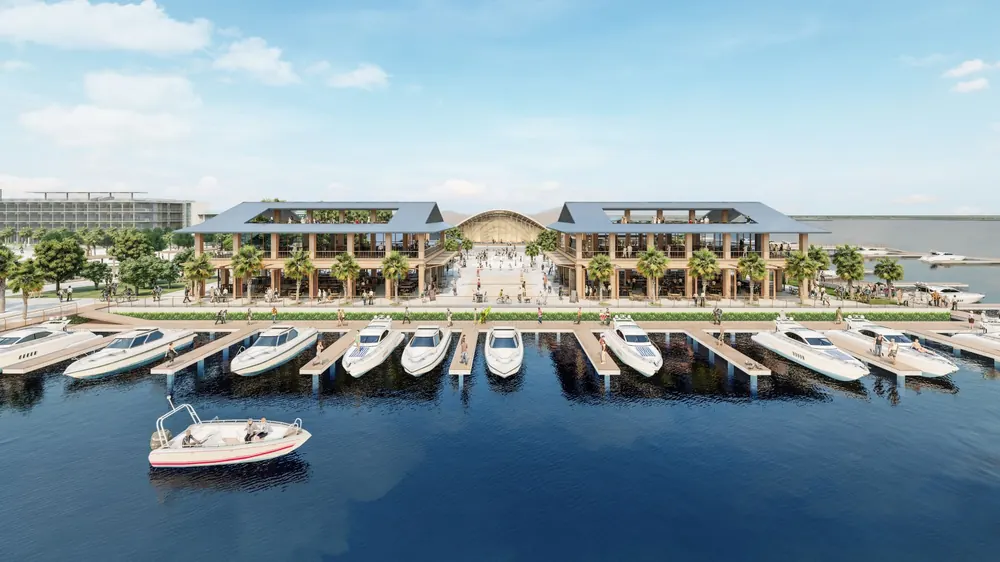 Artist's rendering of the marina and waterfront village seen from the lagoon