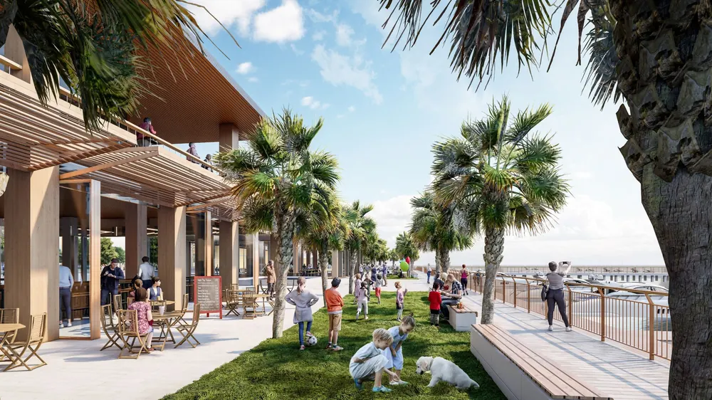 Artist's rendering of a shaded waterfront promenade with cafe seating