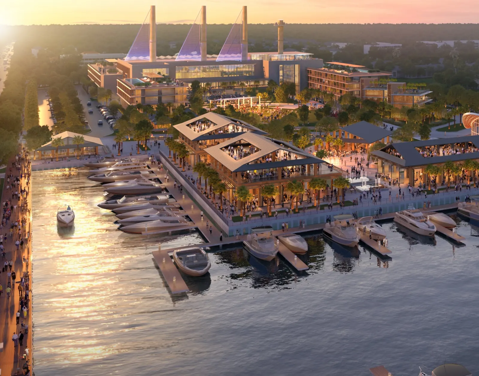 Artist's rendering of the Three Corners waterfront at sunset: a boardwalk, market pavilions and marina on the Indian River Lagoon
